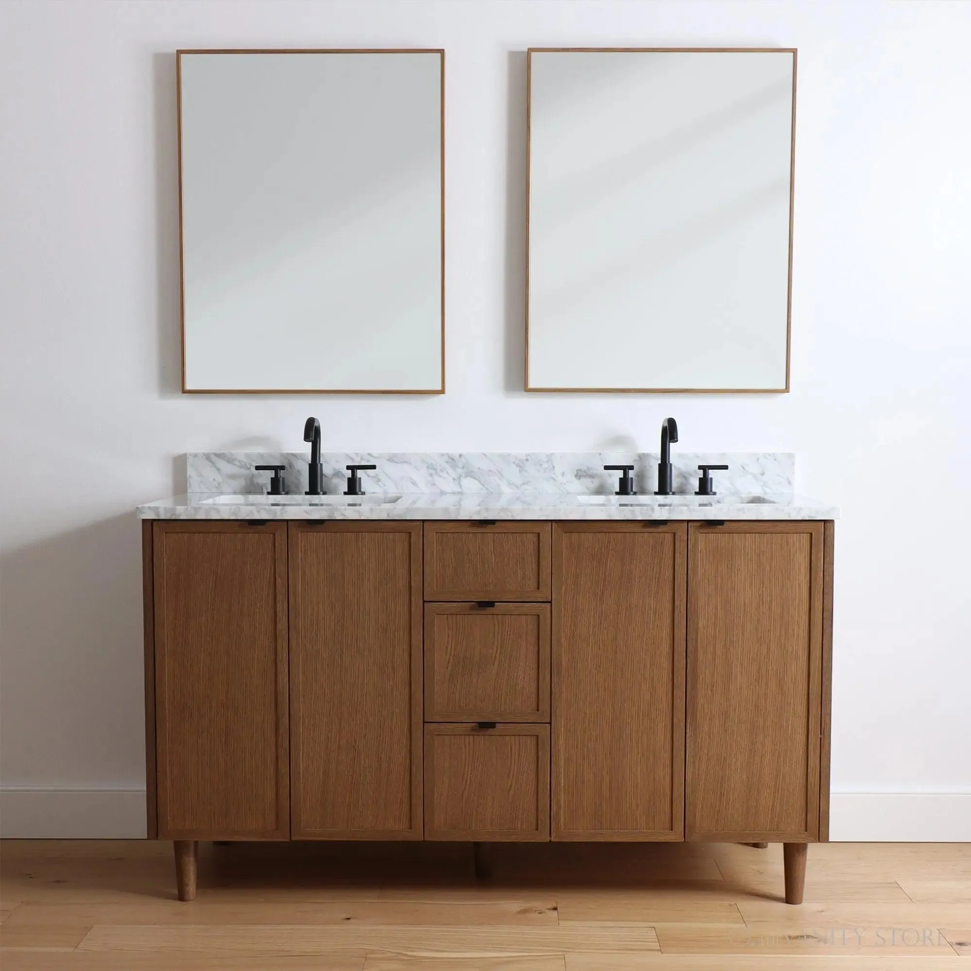 Cape Breton 60" Mid Century Oak Bathroom Vanity, Double Sink