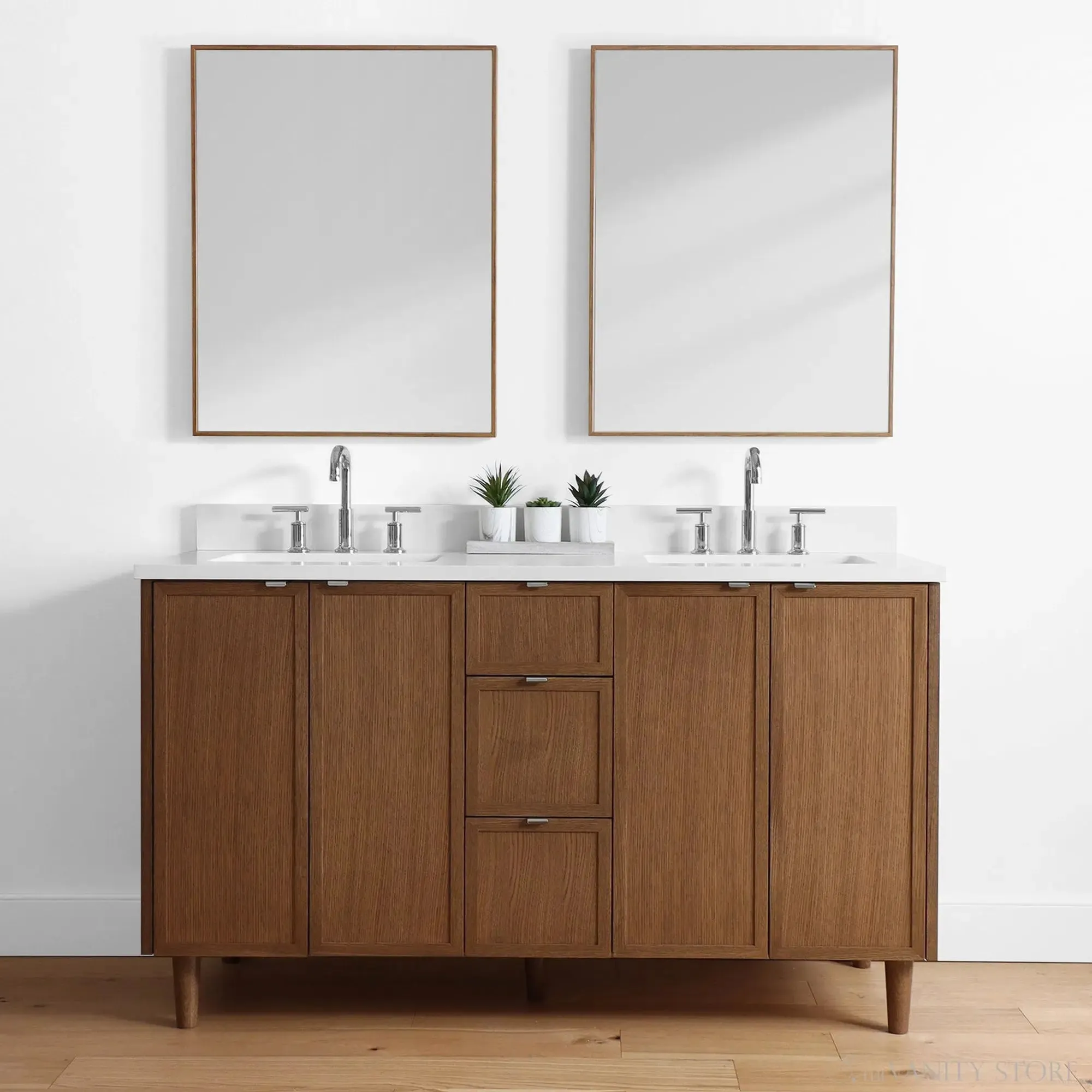 Cape Breton 60" Mid Century Oak Bathroom Vanity, Double Sink