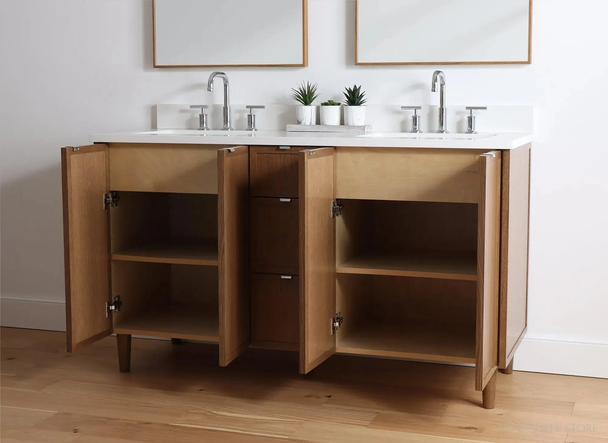 Cape Breton 60" Mid Century Oak Bathroom Vanity, Double Sink