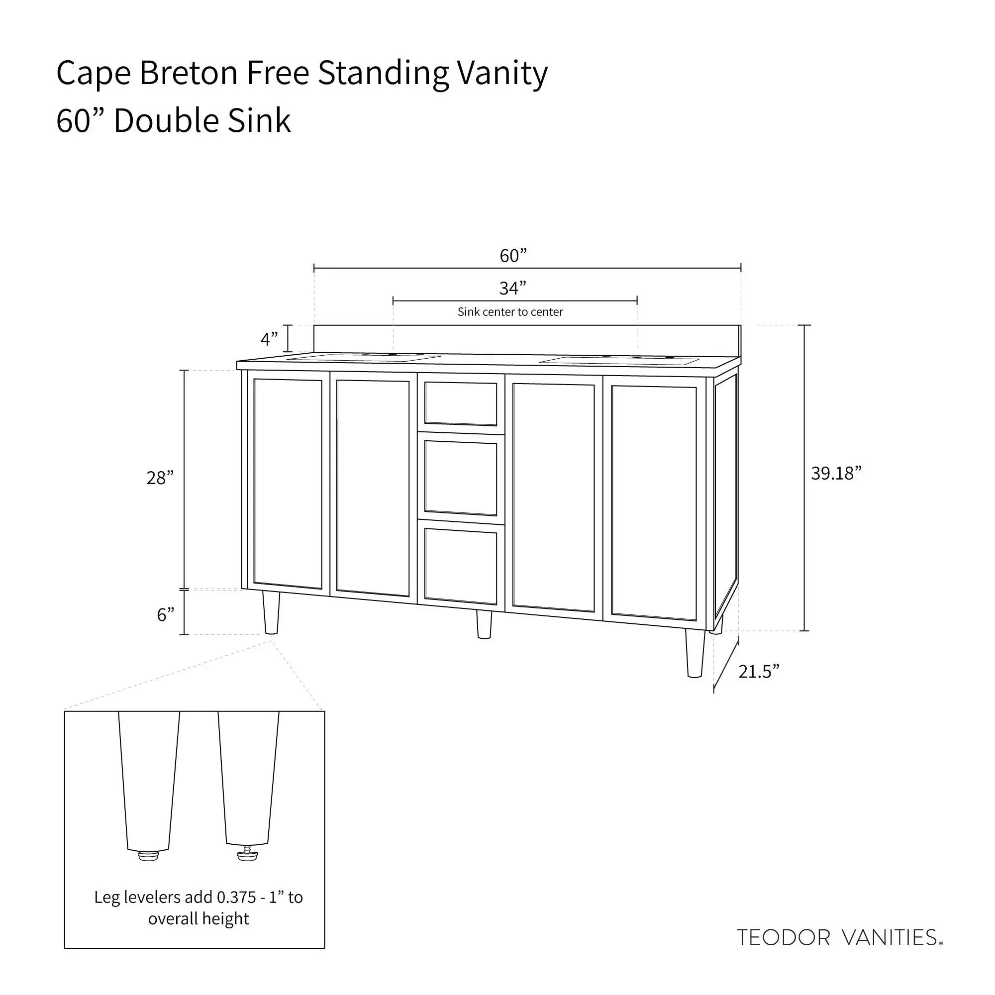 Cape Breton 60" Mid Century Oak Bathroom Vanity, Double Sink