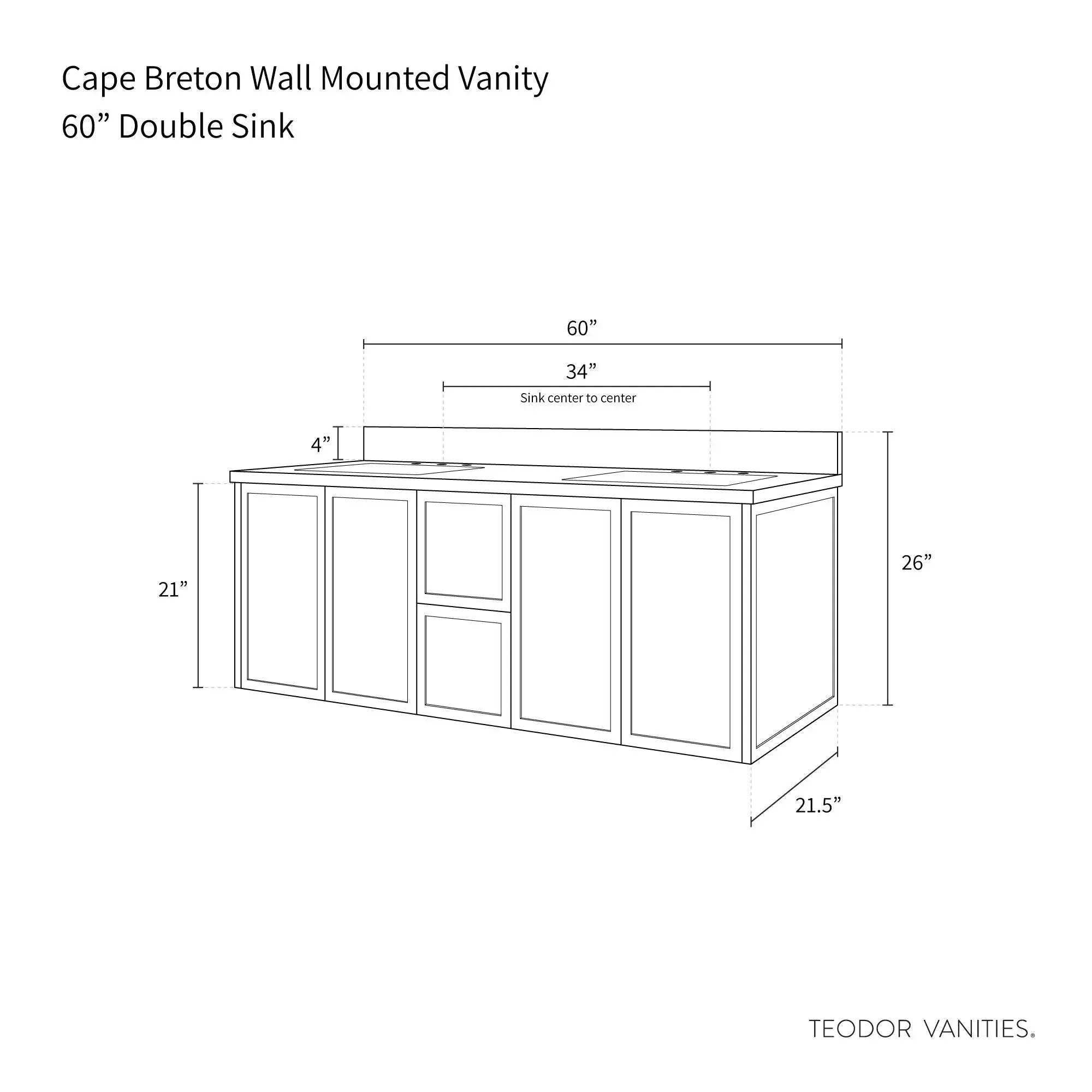 Cape Breton 60" Wall Mount Blackened Oak Bathroom Vanity, Double Sink