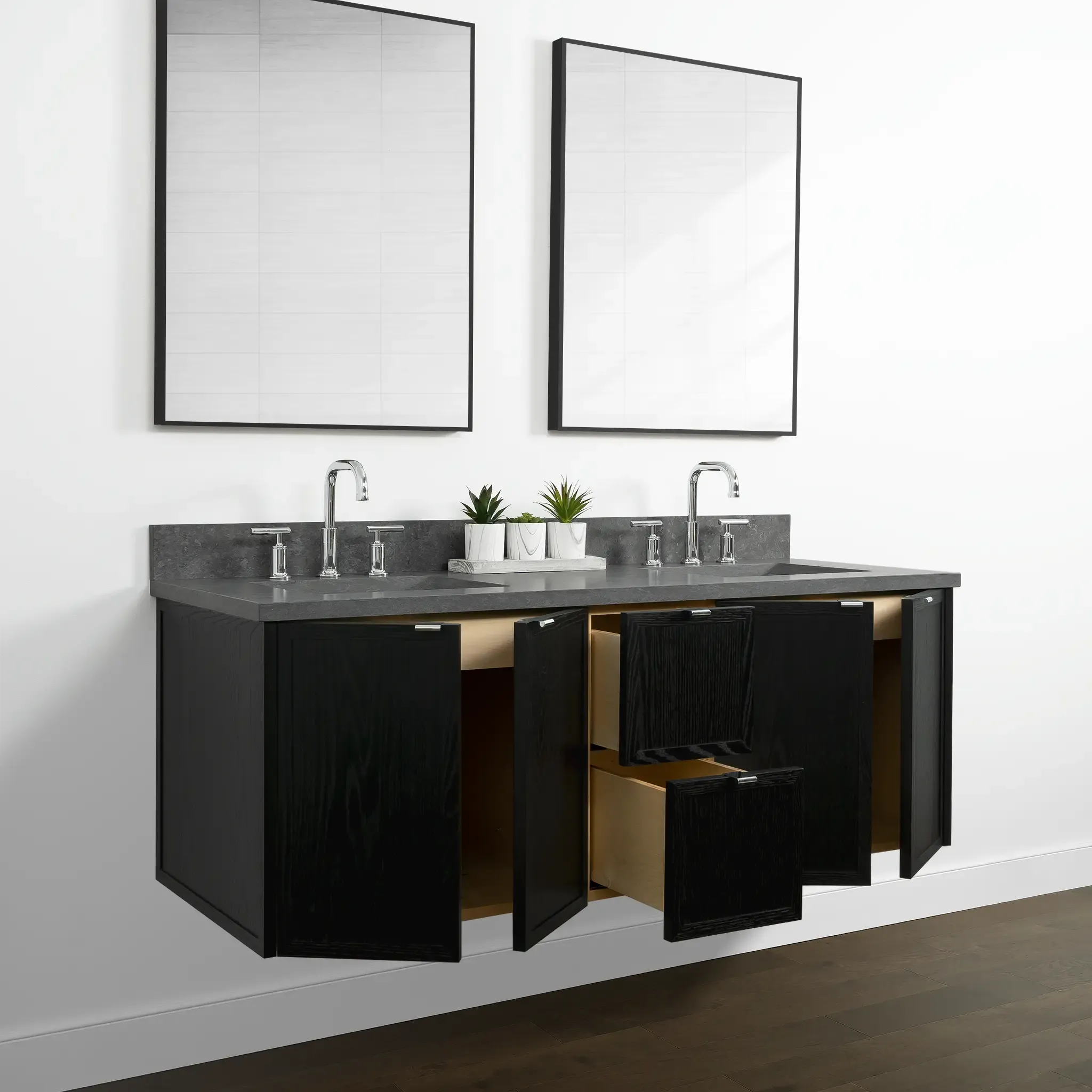 Cape Breton 60" Wall Mount Blackened Oak Bathroom Vanity, Double Sink