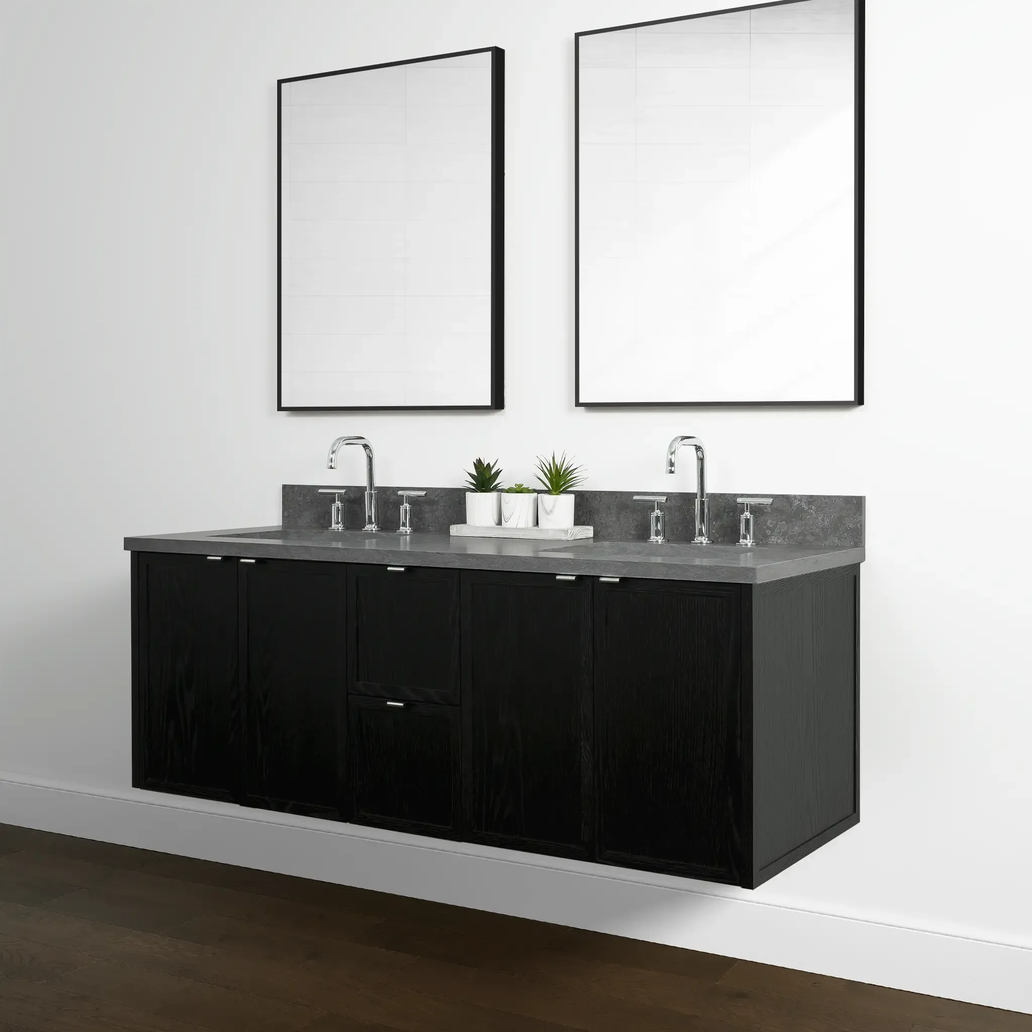 Cape Breton 60" Wall Mount Blackened Oak Bathroom Vanity, Double Sink