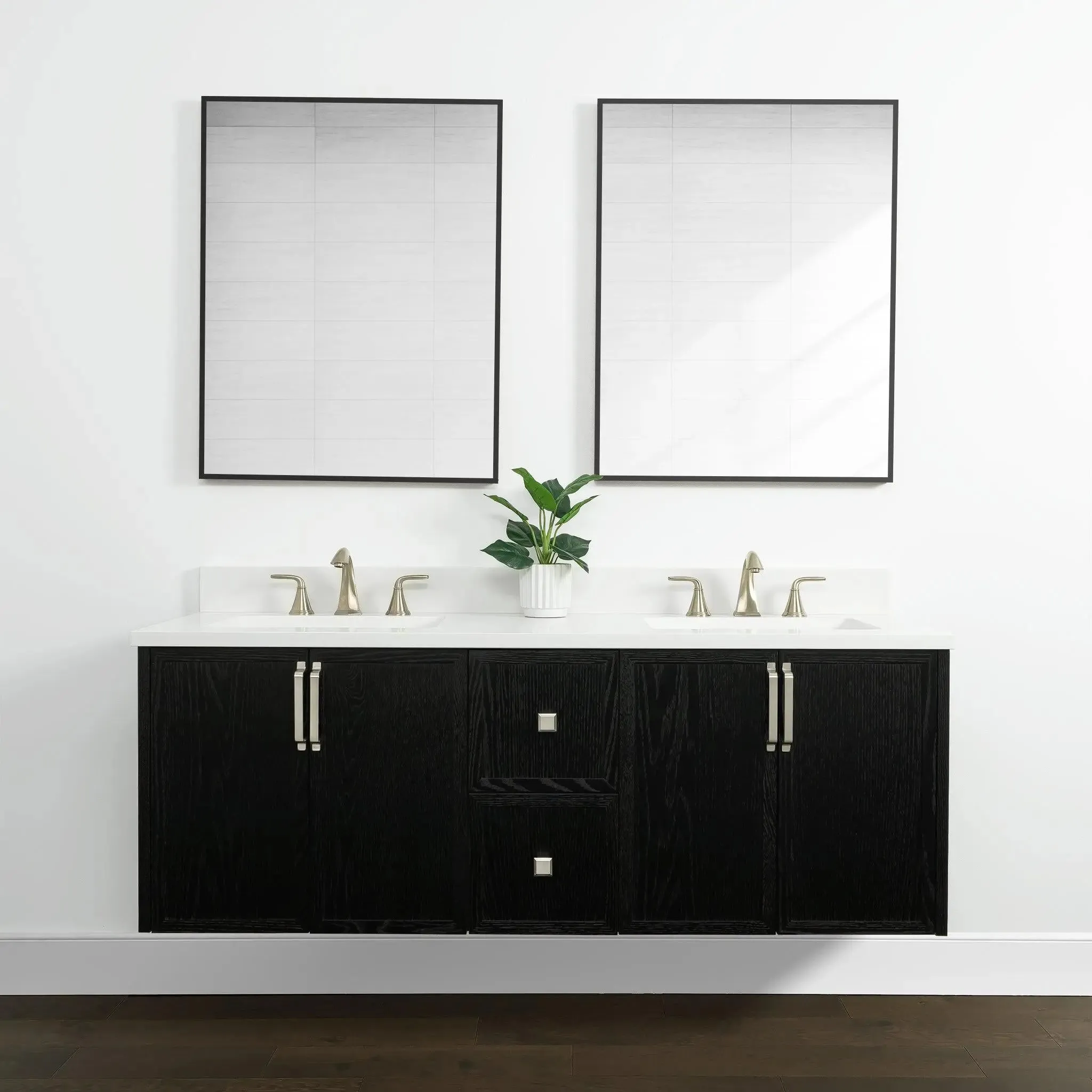 Cape Breton 60" Wall Mount Blackened Oak Bathroom Vanity, Double Sink