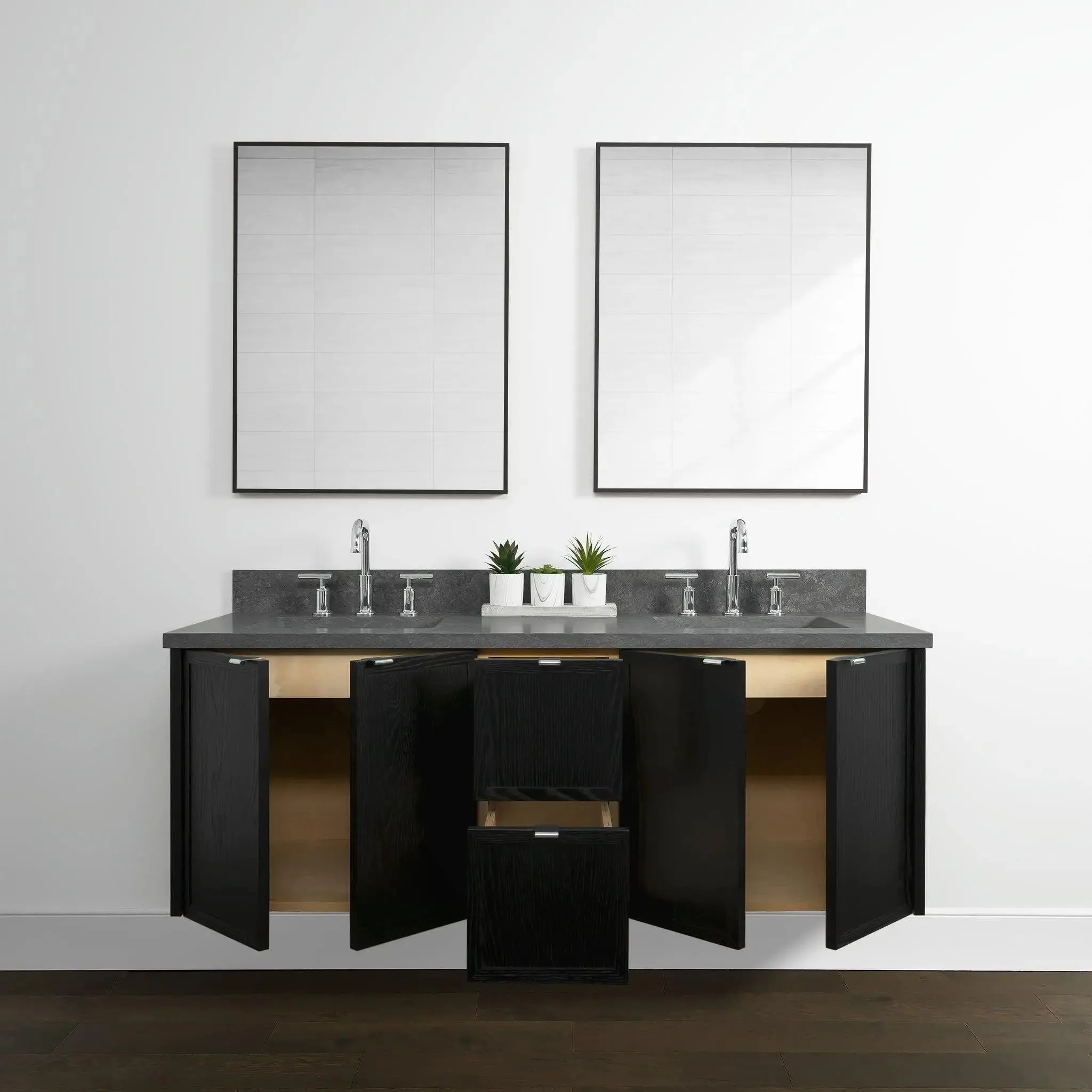 Cape Breton 60" Wall Mount Blackened Oak Bathroom Vanity, Double Sink