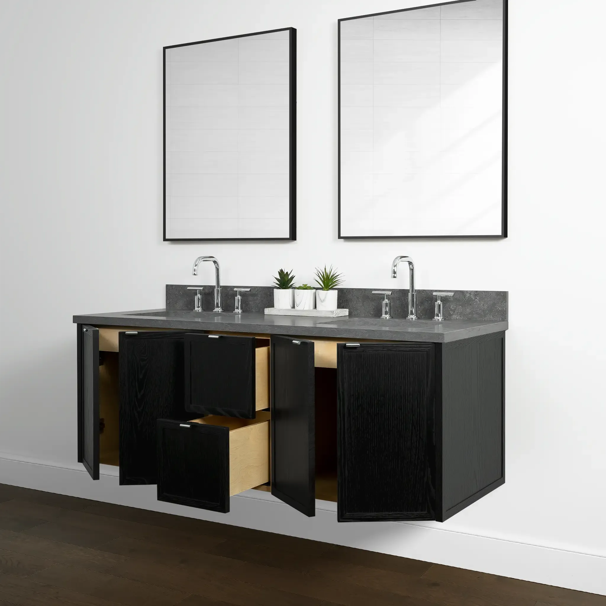 Cape Breton 60" Wall Mount Blackened Oak Bathroom Vanity, Double Sink