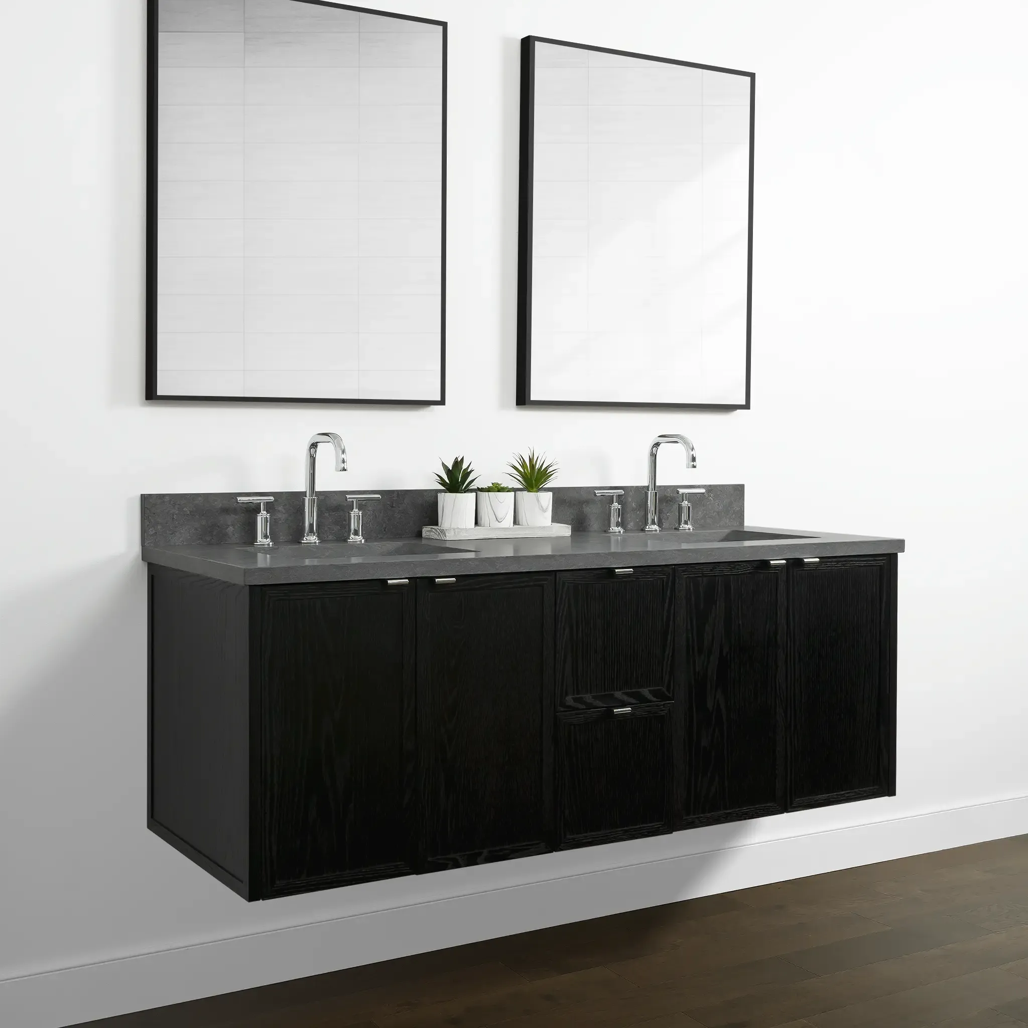 Cape Breton 60" Wall Mount Blackened Oak Bathroom Vanity, Double Sink