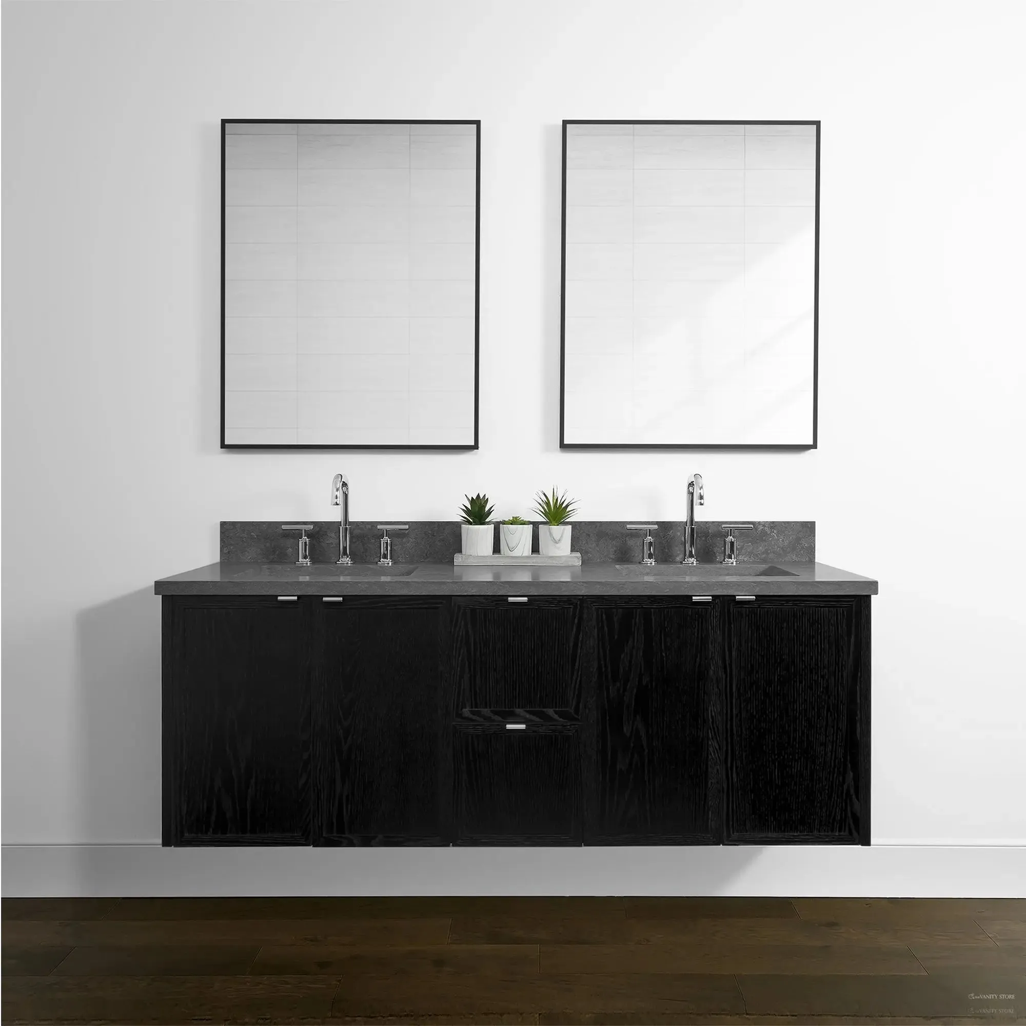 Cape Breton 60" Wall Mount Blackened Oak Bathroom Vanity, Double Sink