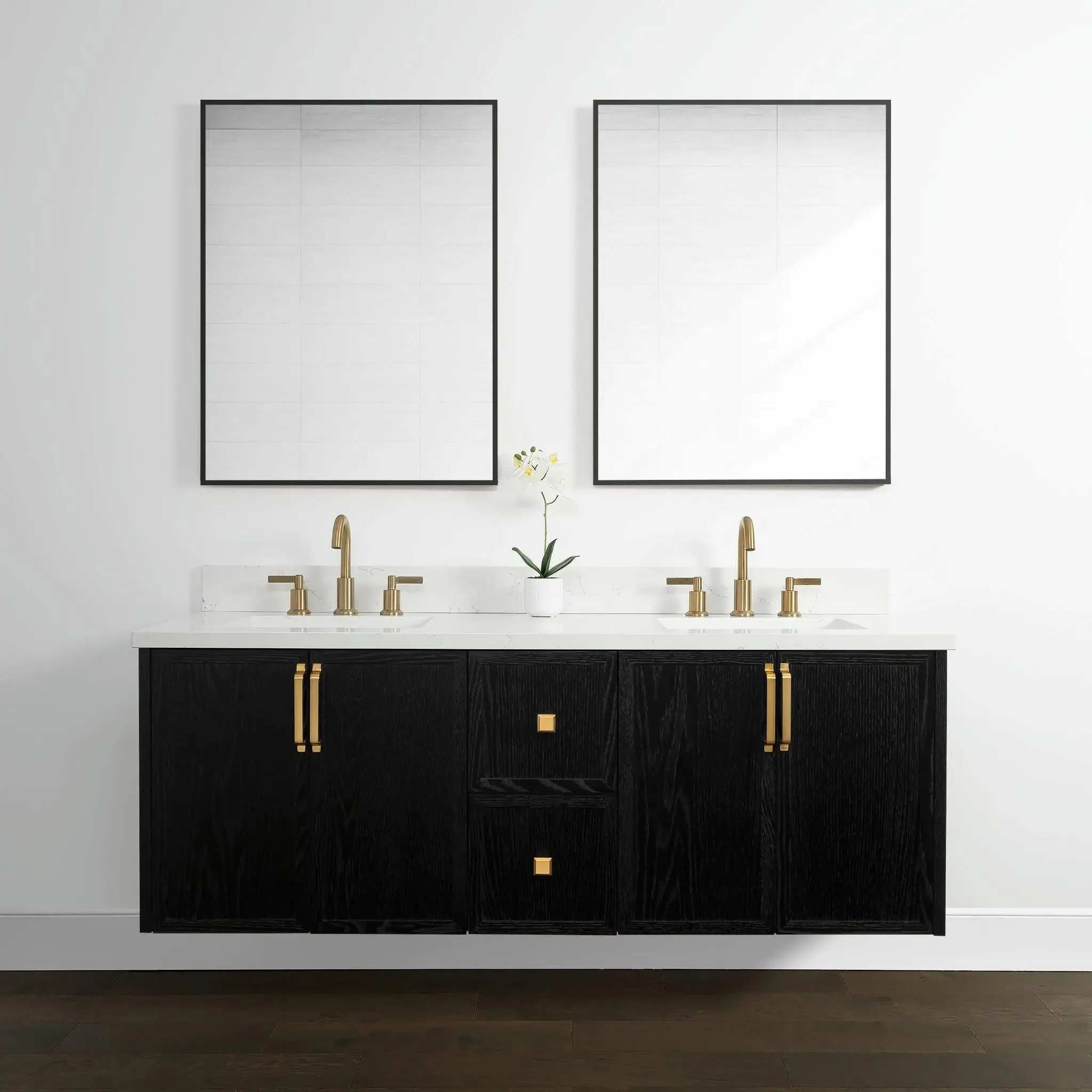 Cape Breton 60" Wall Mount Blackened Oak Bathroom Vanity, Double Sink