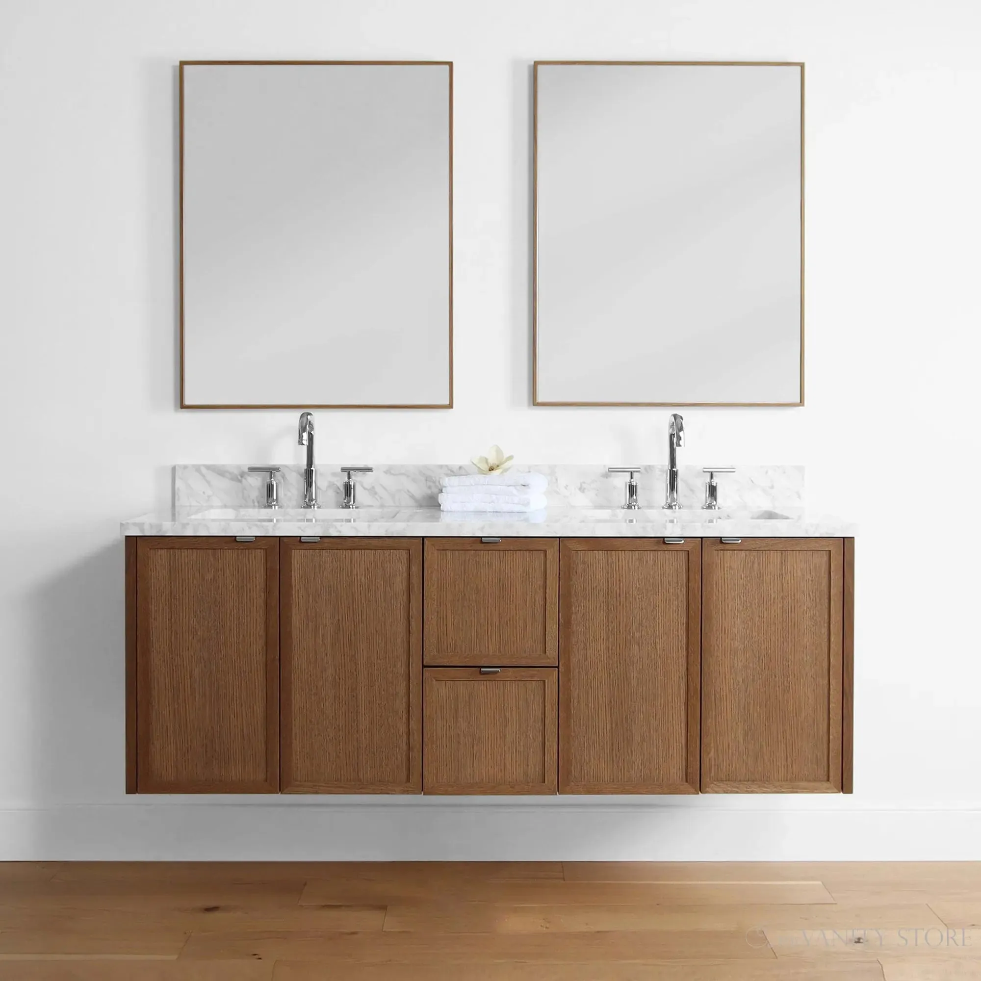 Cape Breton 60" Wall Mount Mid Century Oak Bathroom Vanity, Double Sink