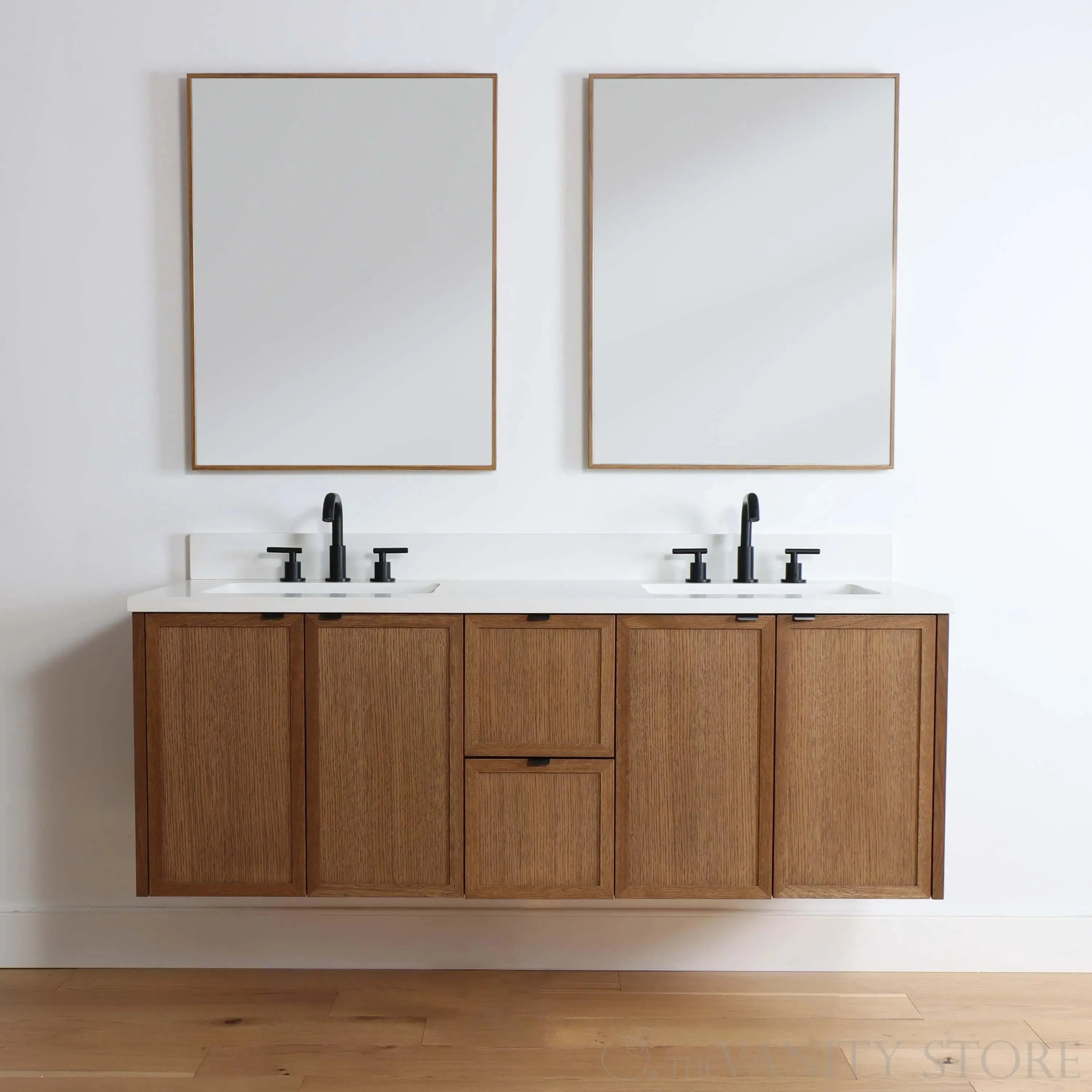 Cape Breton 60" Wall Mount Mid Century Oak Bathroom Vanity, Double Sink