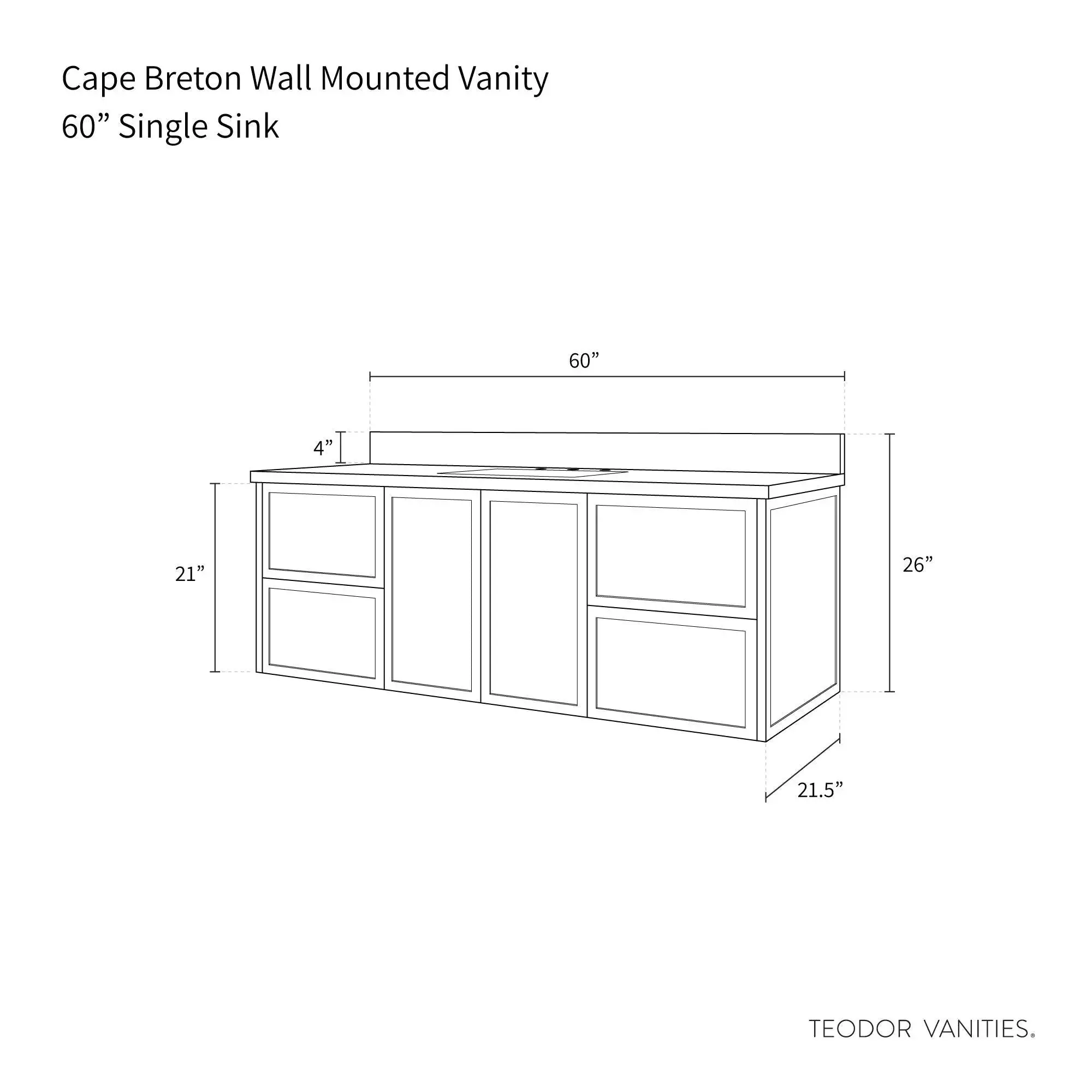 Cape Breton 60" Wall Mount Mid Century Oak Bathroom Vanity