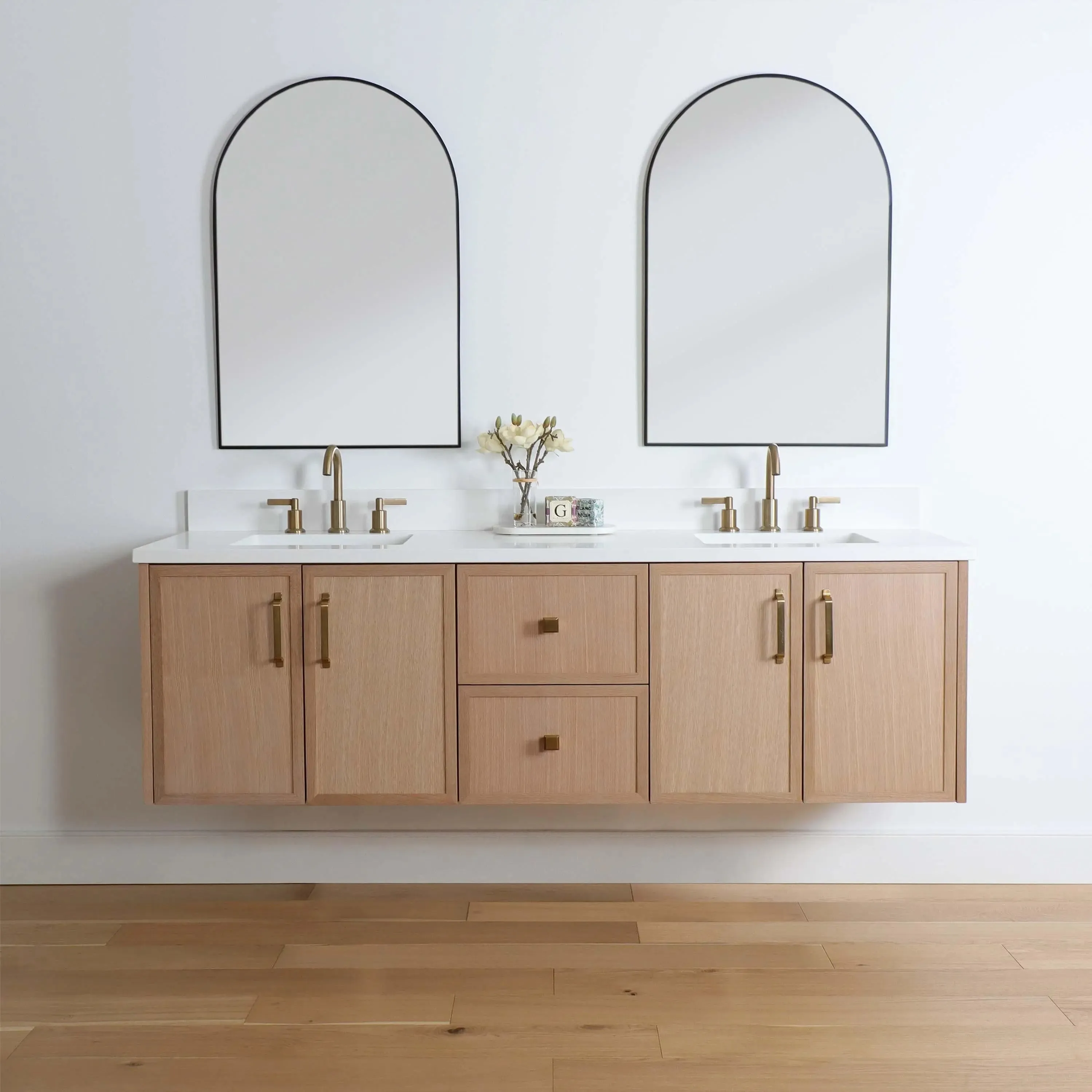 Cape Breton 72" Wall Mount White Oak Bathroom Vanity, Double Sink