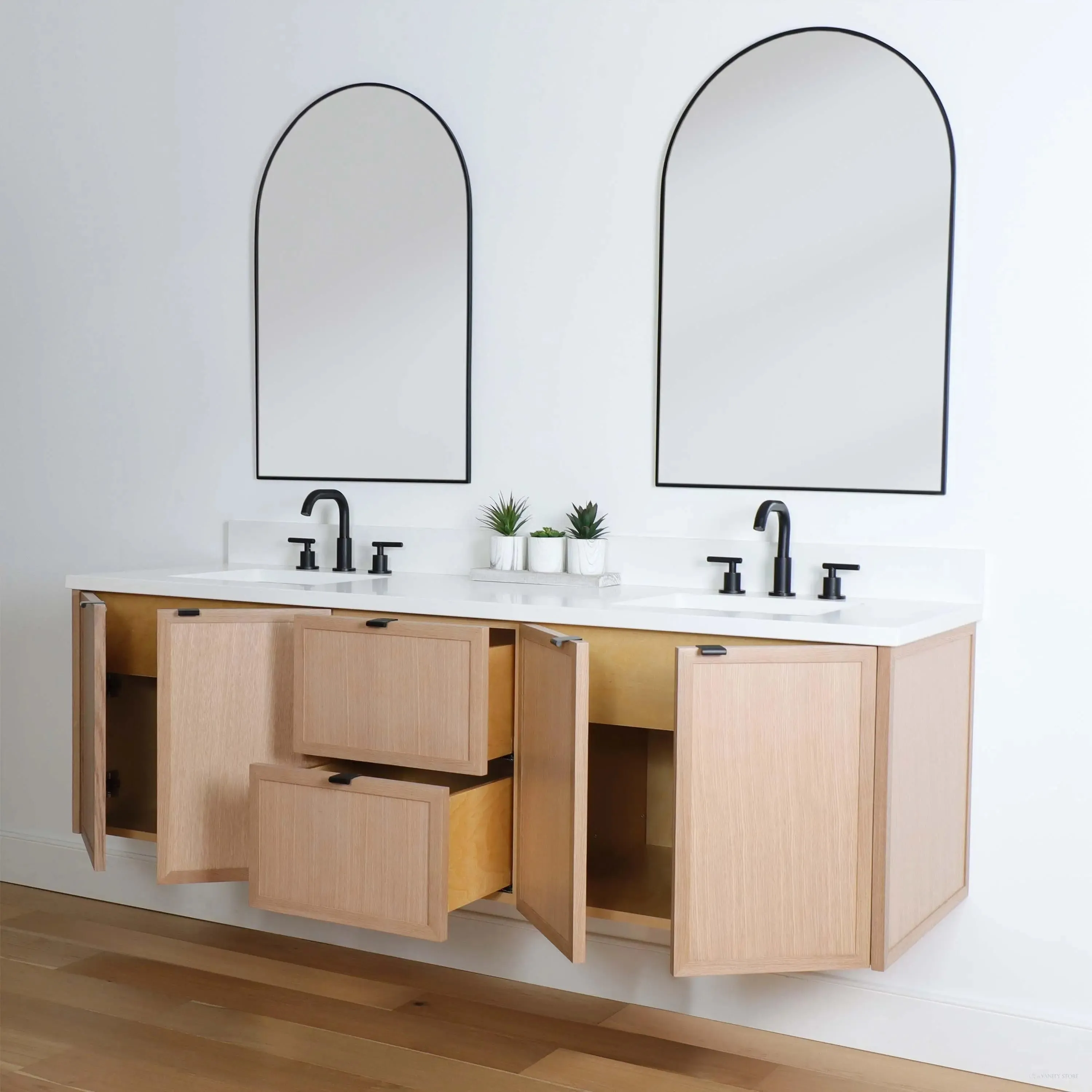 Cape Breton 72" Wall Mount White Oak Bathroom Vanity, Double Sink