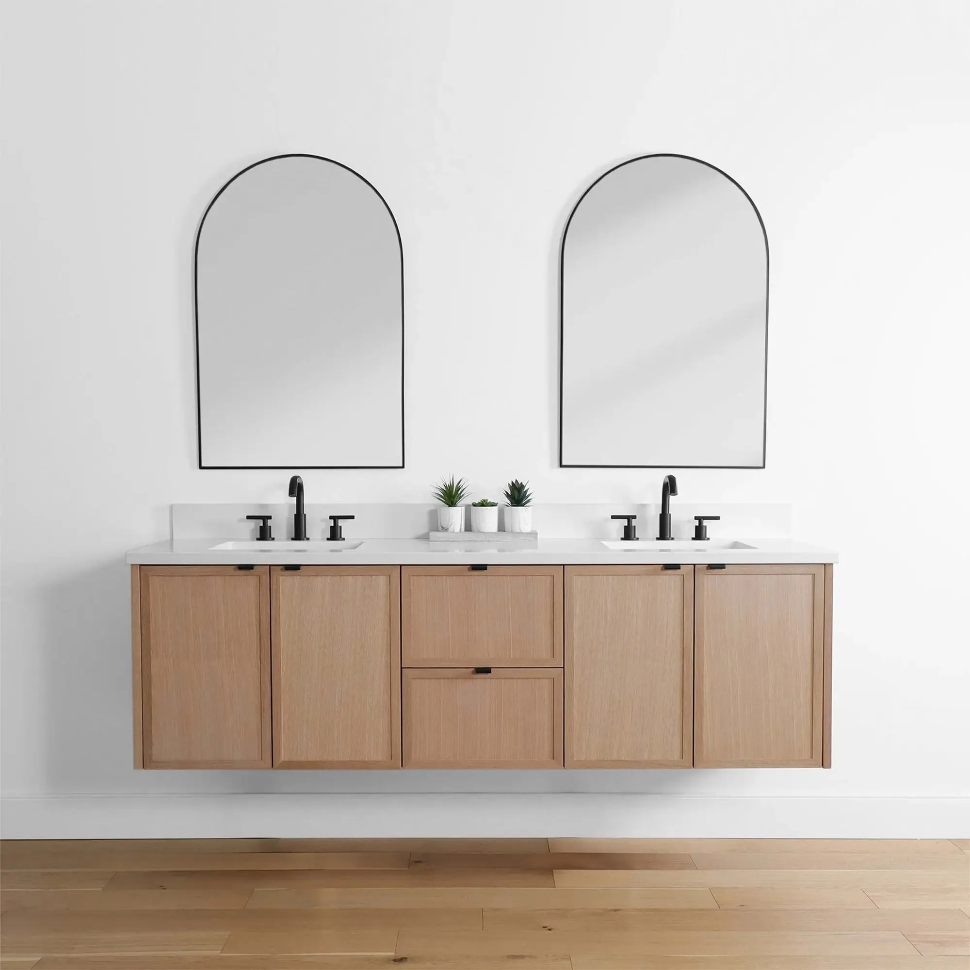 Cape Breton 72" Wall Mount White Oak Bathroom Vanity, Double Sink