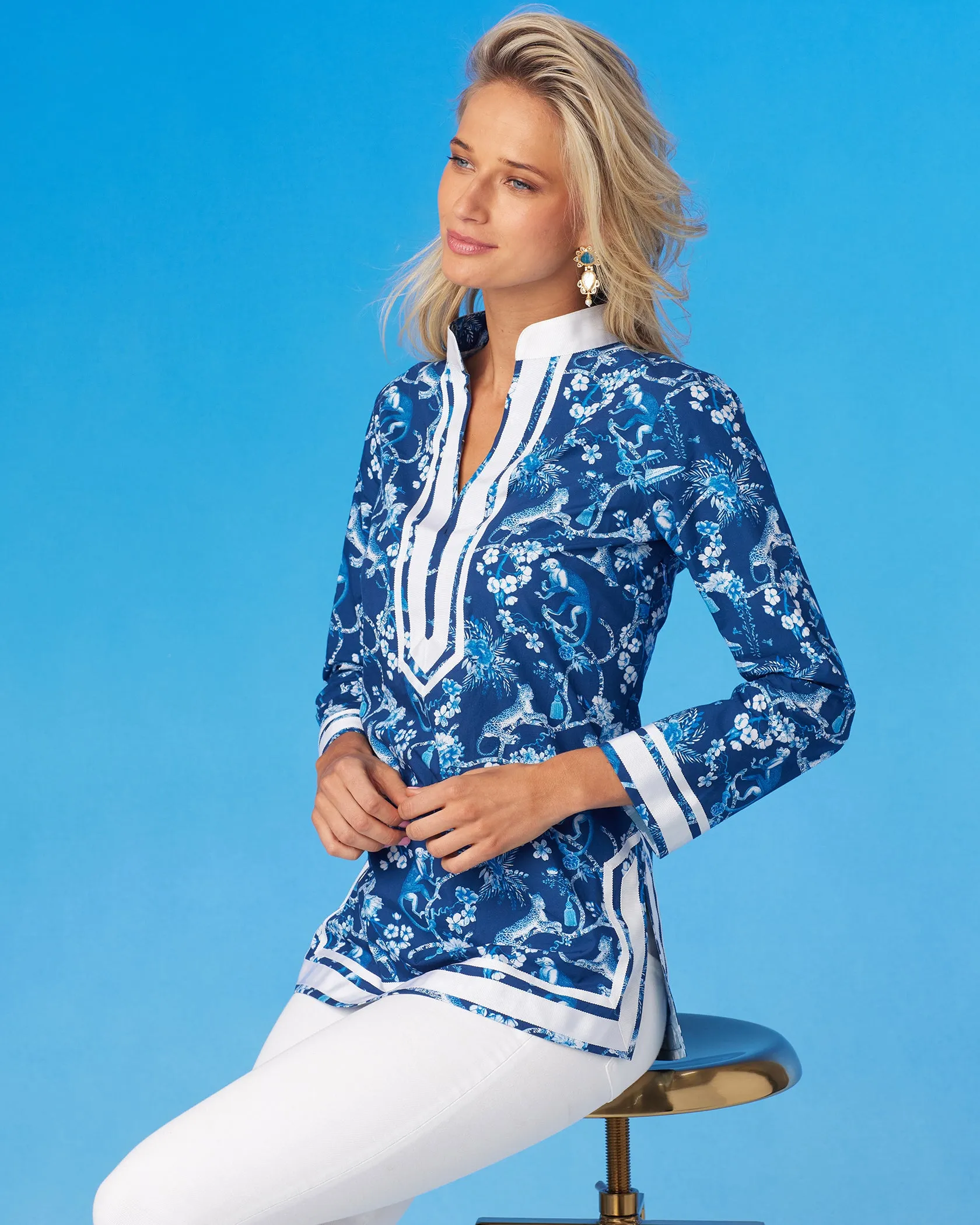 Capri Tunic in Whimsical Jungle Toile in Blue and White