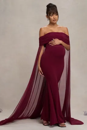 Carlotta | Berry Bardot Maternity Maxi Dress With Chiffon Cape