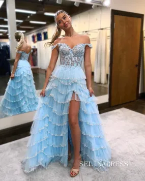 Charming Off-the-shoulder Blue Lace Tulle Layered Long Prom Dress with Slit lpk555