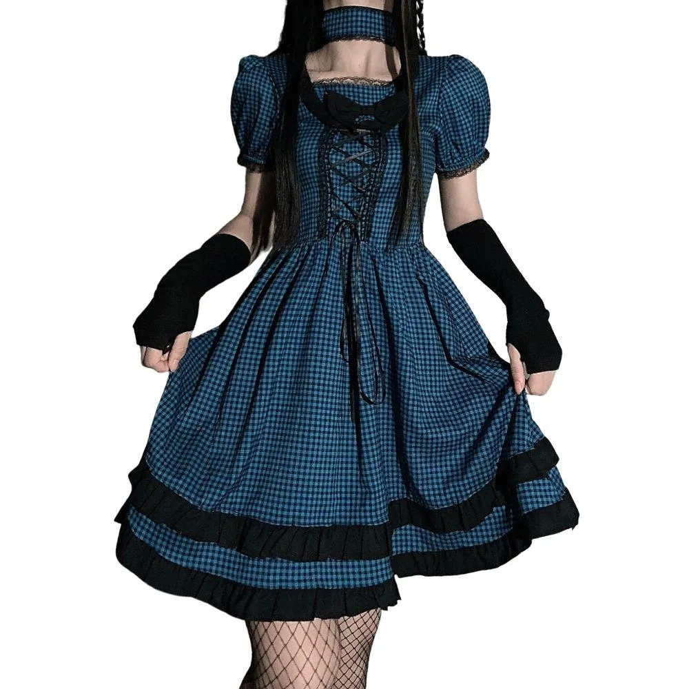 Check Pattern Dress with Large Bow Goth Fashion Cosplay Summer Dress Layered Look High Waist Puff Sleeves