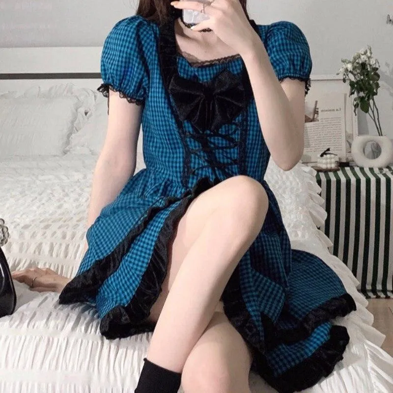 Check Pattern Dress with Large Bow Goth Fashion Cosplay Summer Dress Layered Look High Waist Puff Sleeves