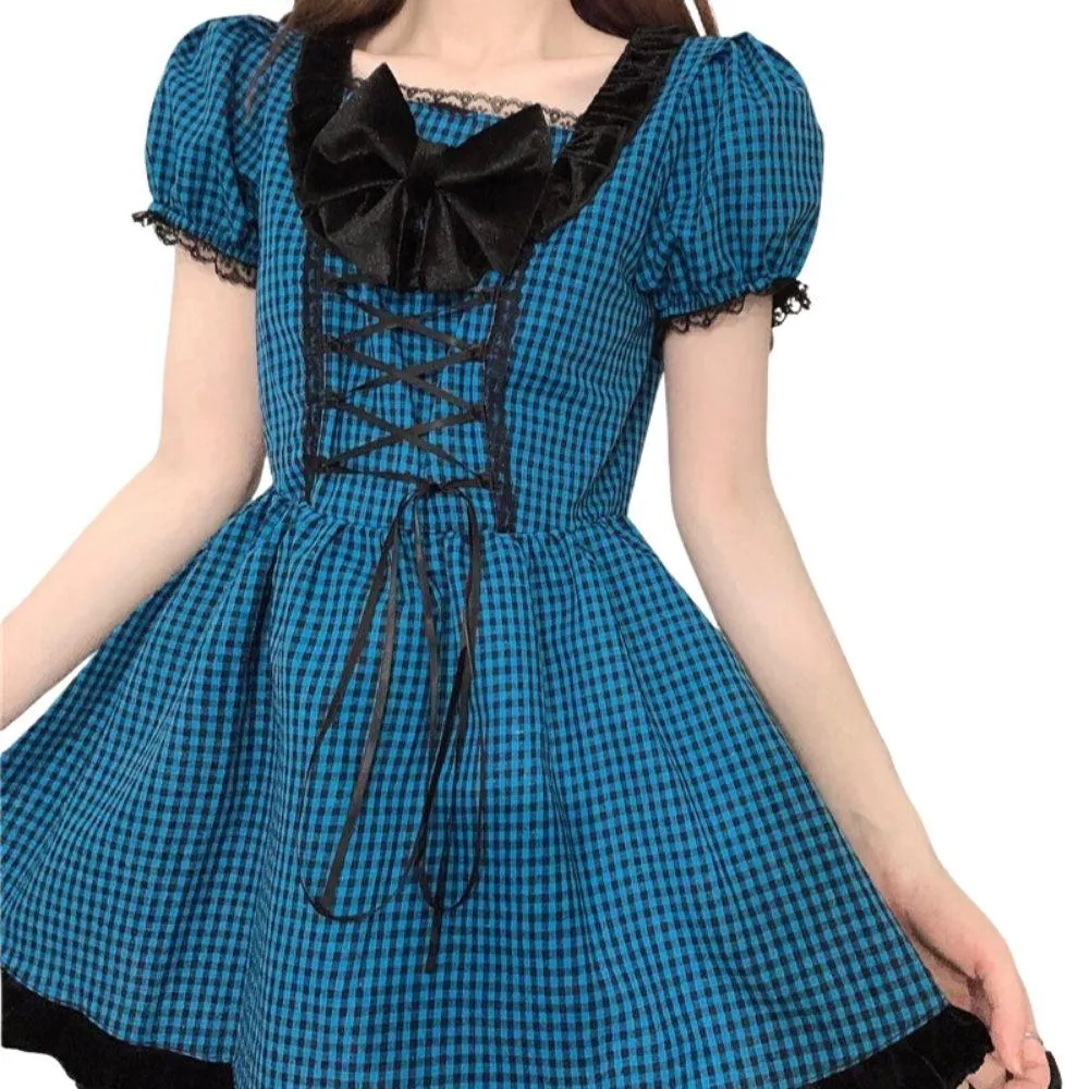 Check Pattern Dress with Large Bow Goth Fashion Cosplay Summer Dress Layered Look High Waist Puff Sleeves