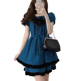 Check Pattern Dress with Large Bow Goth Fashion Cosplay Summer Dress Layered Look High Waist Puff Sleeves