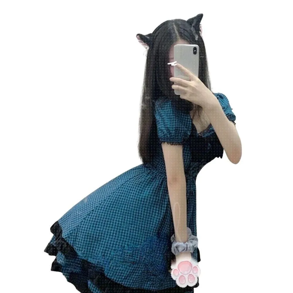 Check Pattern Dress with Large Bow Goth Fashion Cosplay Summer Dress Layered Look High Waist Puff Sleeves