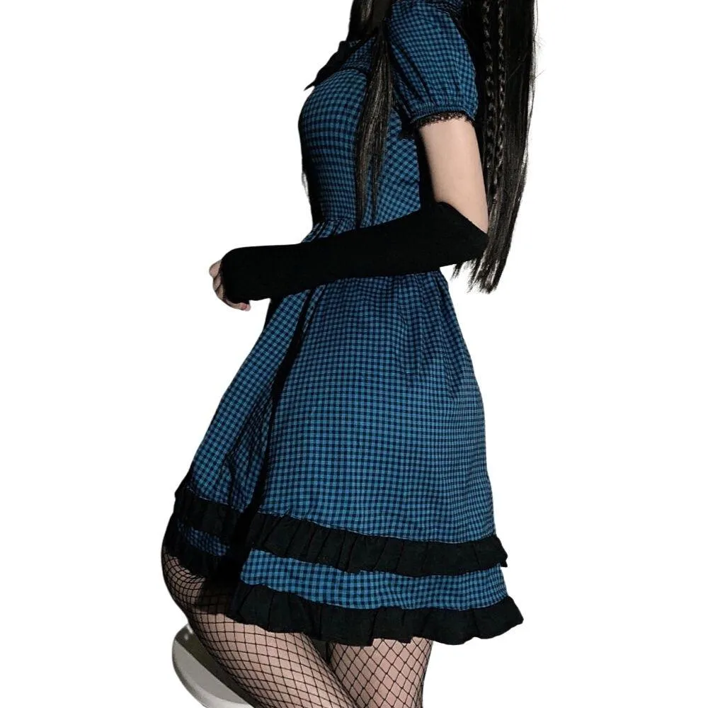 Check Pattern Dress with Large Bow Goth Fashion Cosplay Summer Dress Layered Look High Waist Puff Sleeves