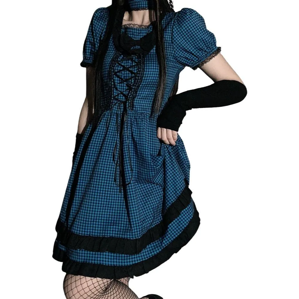 Check Pattern Dress with Large Bow Goth Fashion Cosplay Summer Dress Layered Look High Waist Puff Sleeves