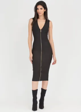 Chic Figure Zip-Up Bodycon Midi Dress