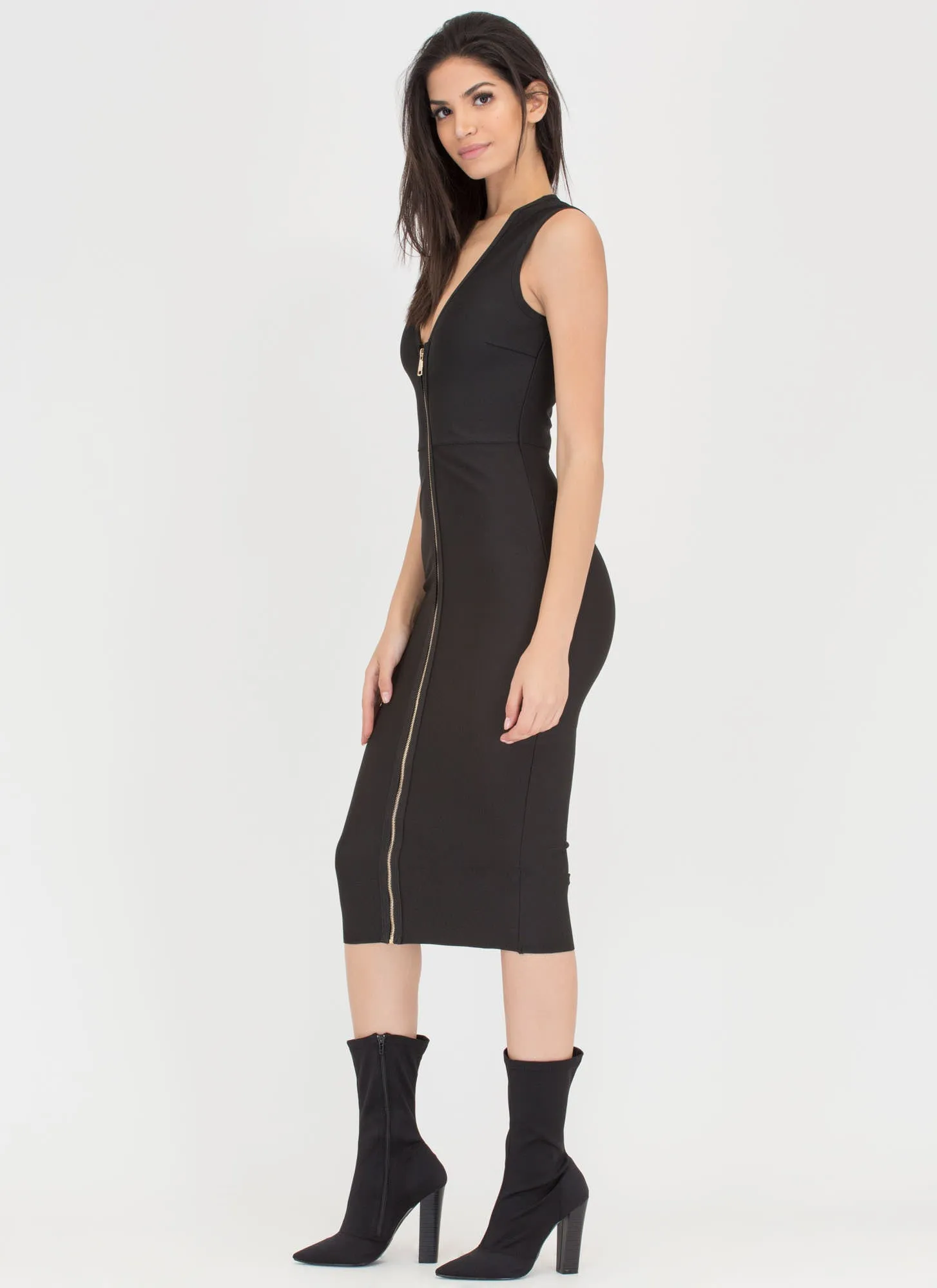 Chic Figure Zip-Up Bodycon Midi Dress