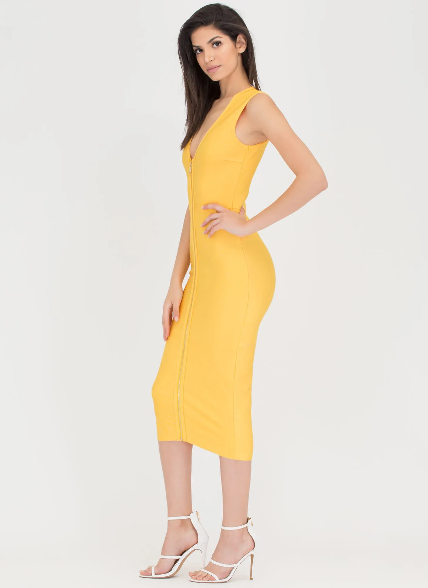 Chic Figure Zip-Up Bodycon Midi Dress