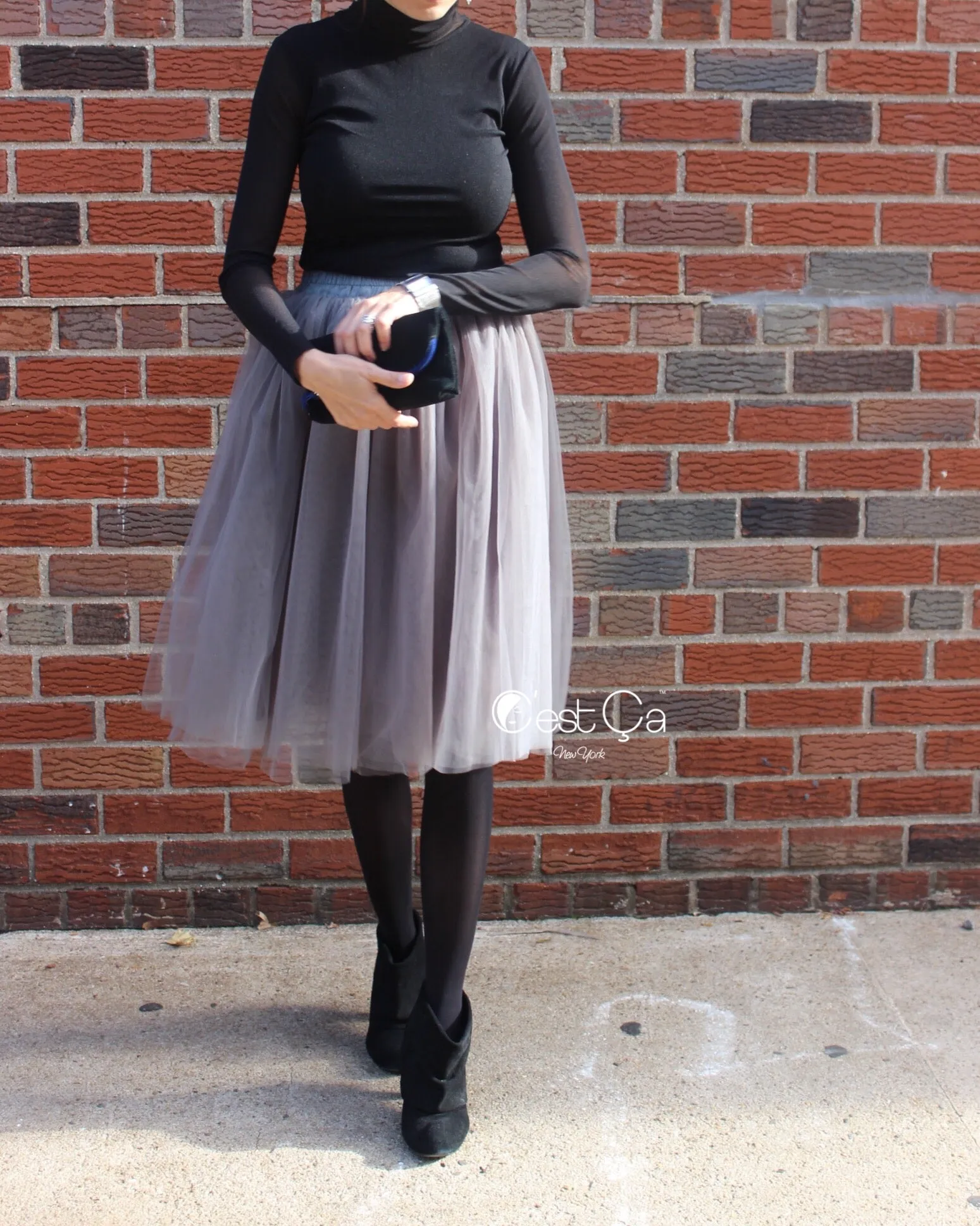 Claire Ash Gray Soft Tulle Skirt - Below Knee Midi