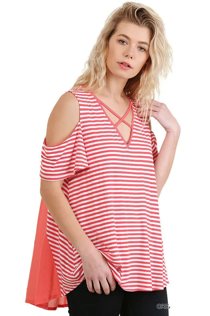 Cold Shoulder Striped Top, Coral