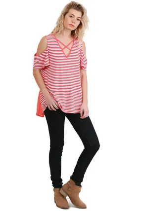 Cold Shoulder Striped Top, Coral