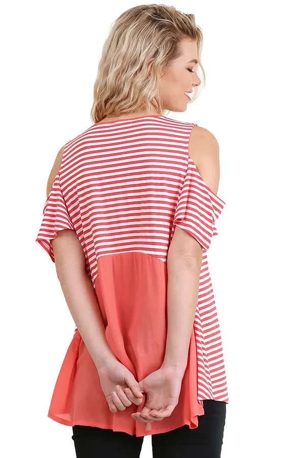 Cold Shoulder Striped Top, Coral