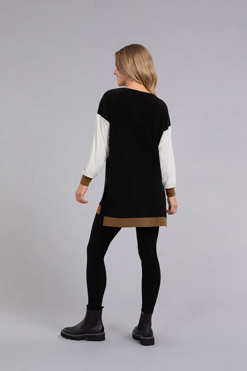 Colour Block Step Hem Tunic | Black/Ivory/Tobacco