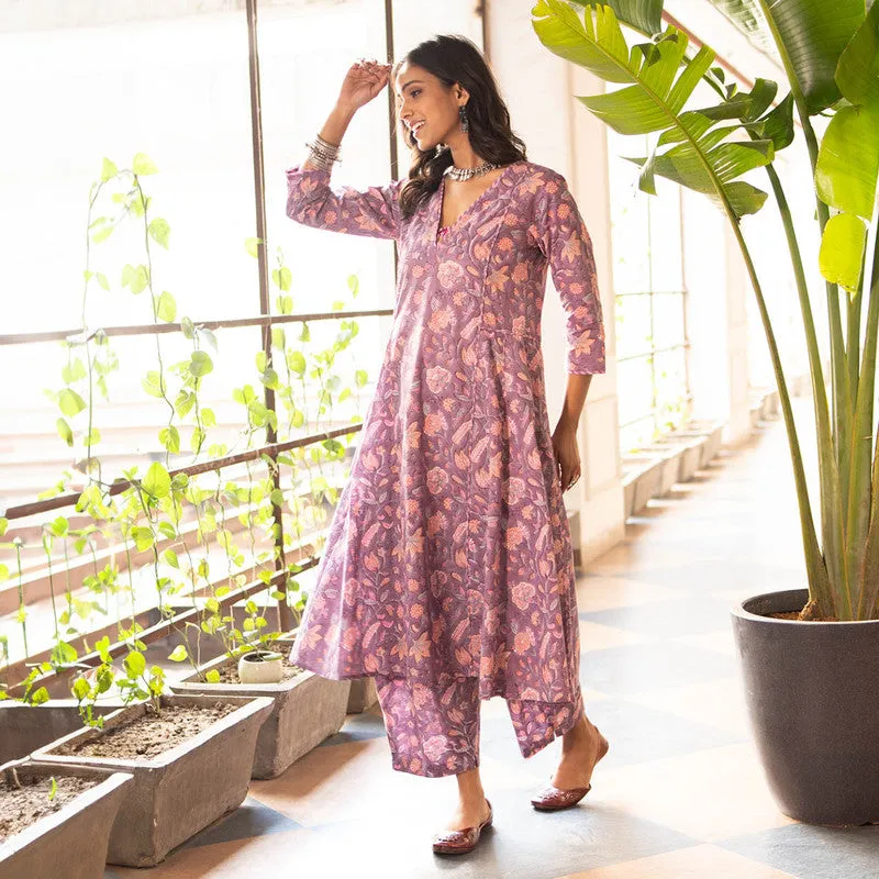 Cotton Anarkali Kurta for Women | Purple | Block Print