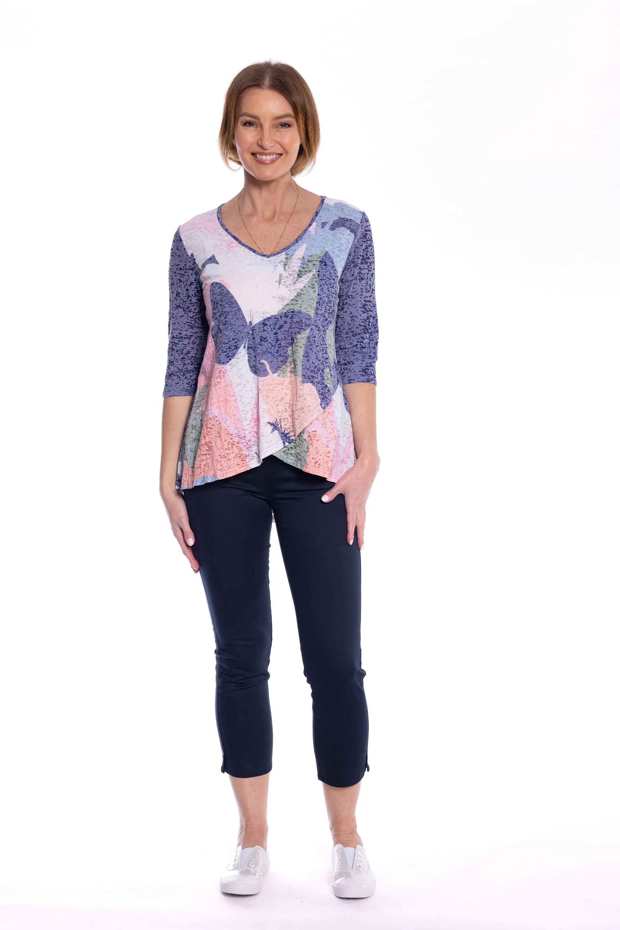 Cross Over Printed Tunic Top by Café Latte - Navy