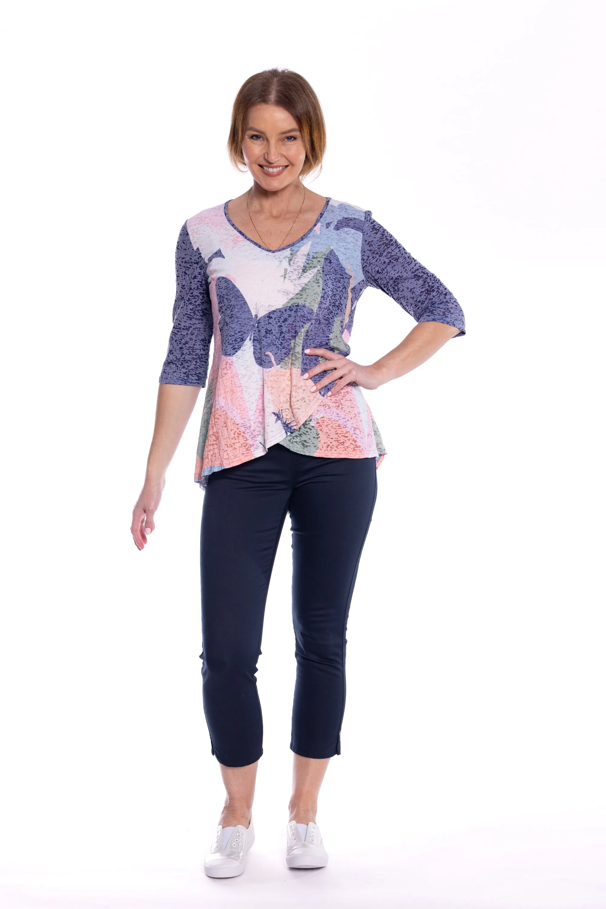 Cross Over Printed Tunic Top by Café Latte - Navy