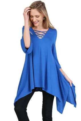 Crossed Bell Sleeve Asymmetrical Tunic, Cobalt