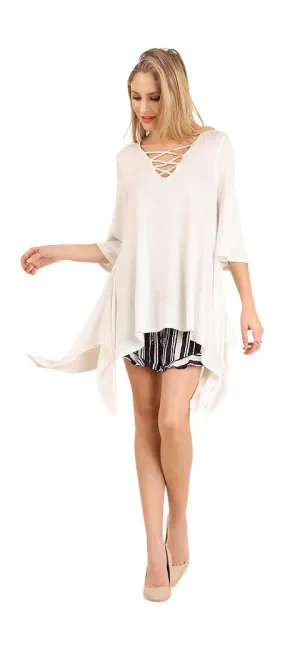 Crossed Bell Sleeve Asymmetrical Tunic, Ivory