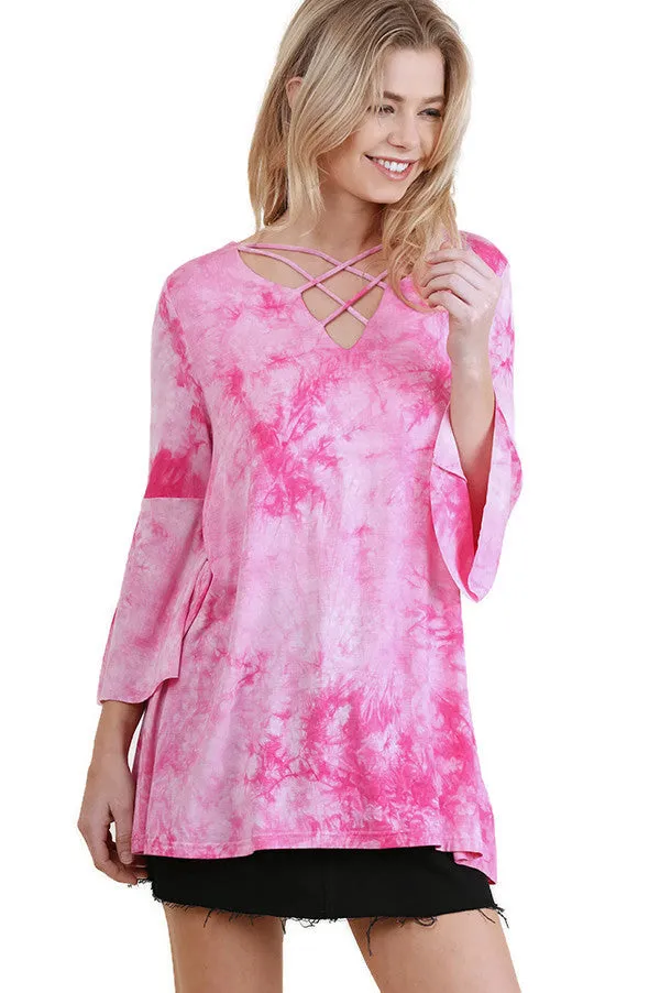 Crossed Tie Dye Bell Sleeve Top, Pink