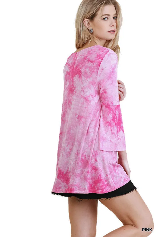 Crossed Tie Dye Bell Sleeve Top, Pink