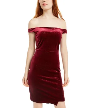 Crystal Doll Juniors' Off-The-Shoulder Glitter Velvet Dress Dark Red Size 13