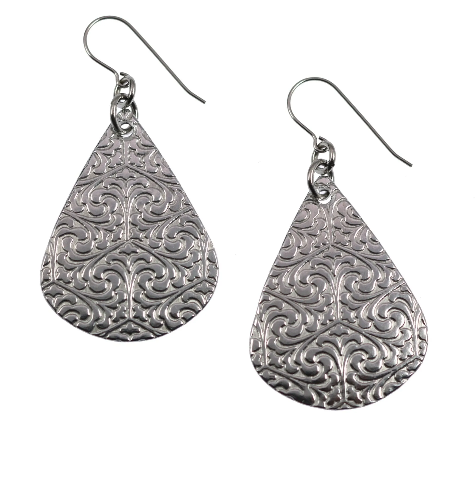 Damask Embossed Aluminum Teardrop Earrings