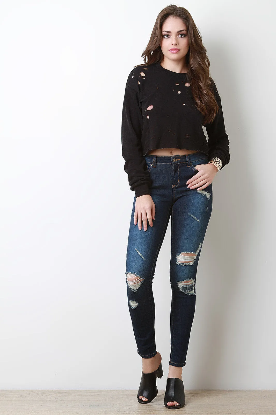 Distressed Long Sleeve Crop Sweater Top