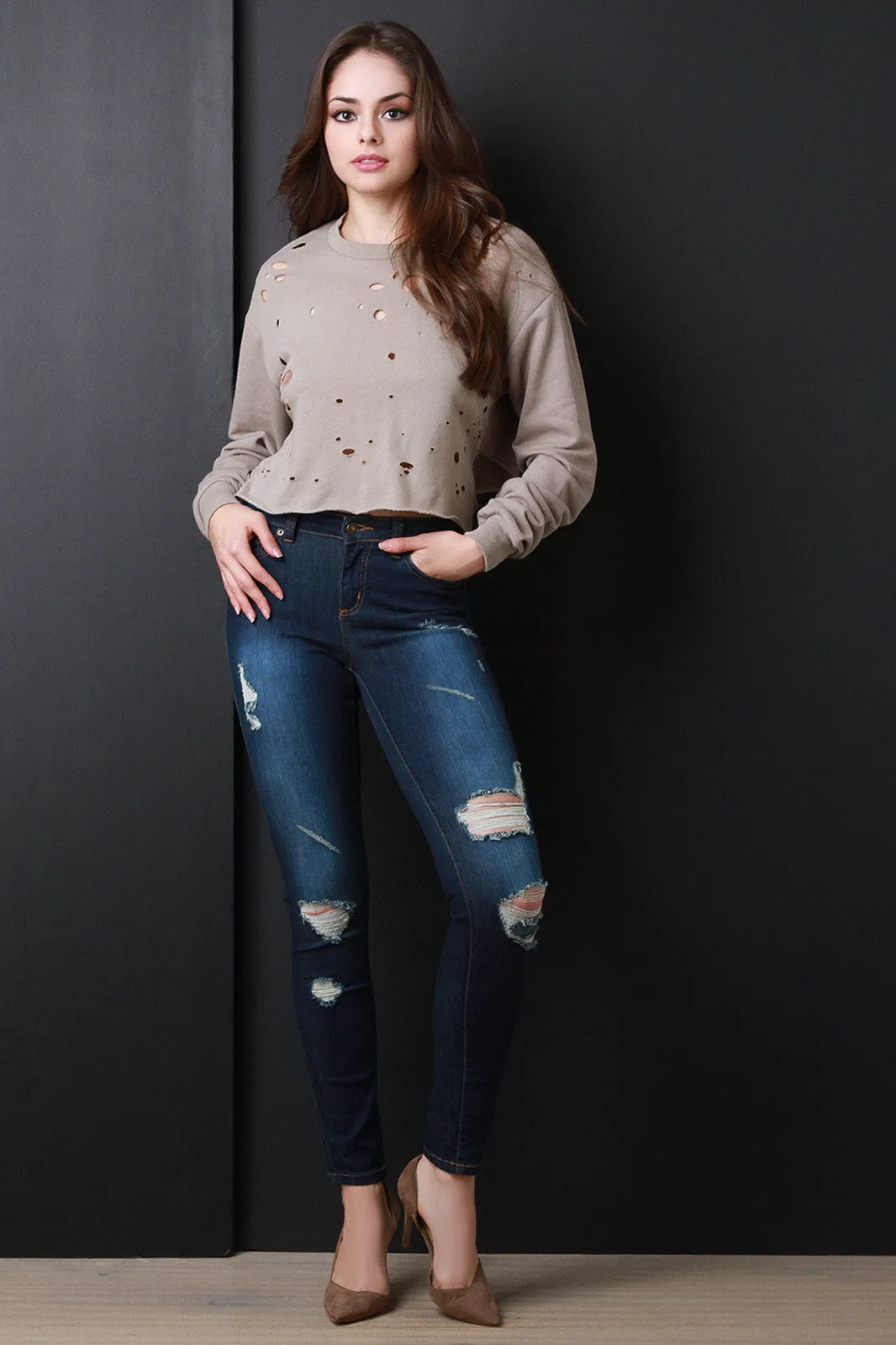 Distressed Long Sleeve Crop Sweater Top