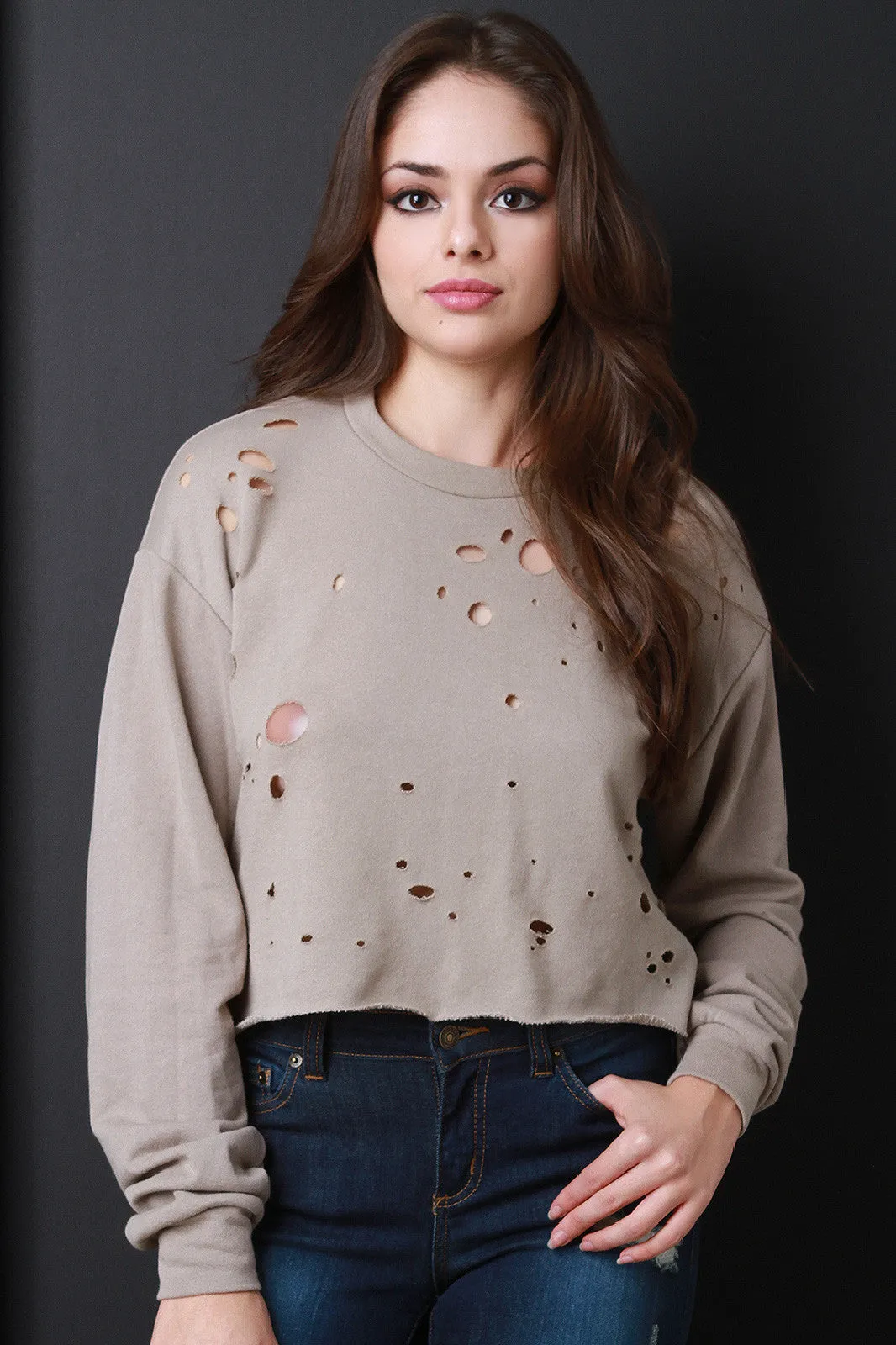 Distressed Long Sleeve Crop Sweater Top