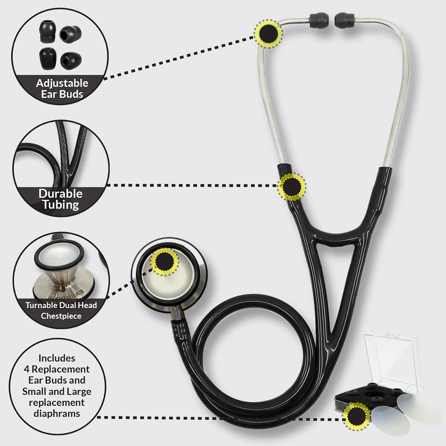 Dixie EMS Deluxe Cardio-Clinical Cardiology Dual Head Stethoscope for Paramedics and Nurses, 4 Ear Tips, Replacement diaphragms